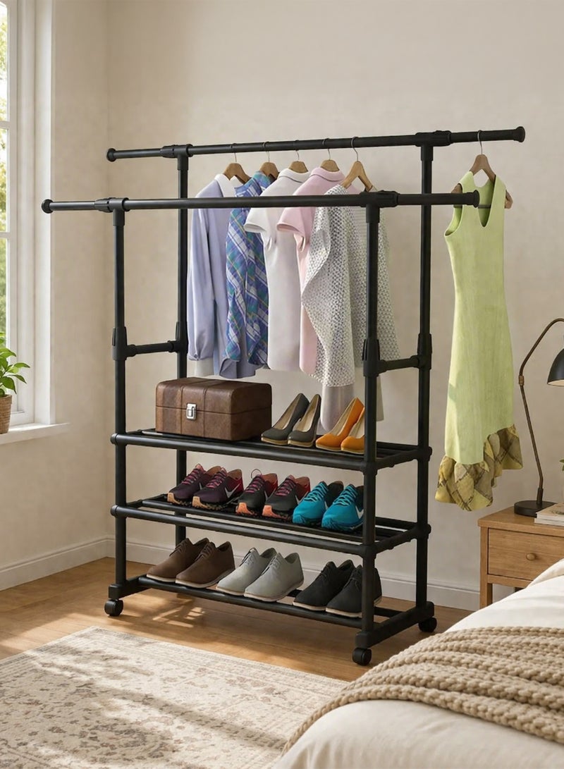 Toshionics Double Rod Clothing Rack Heavy Duty Dual Layer Clothes Drying Stand Garment Organizer Open Armoire with 2 Adjustable Expandable Retractable Hanger Rails 85-140cm, Lockable Rolling Wheels and 3 Layer Bottom Storage Shelf, Strong 30mm Steel Pipes, 50kg Load Large Capacity Featuring Two Horizontal Bars for Hanging Clothes, Laundry Room, Balcony, Bedroom Sheets, Quilts, Blanket, Coats, Skirts, Shirts, Hats, Sweaters Holder 150cm - Image 1