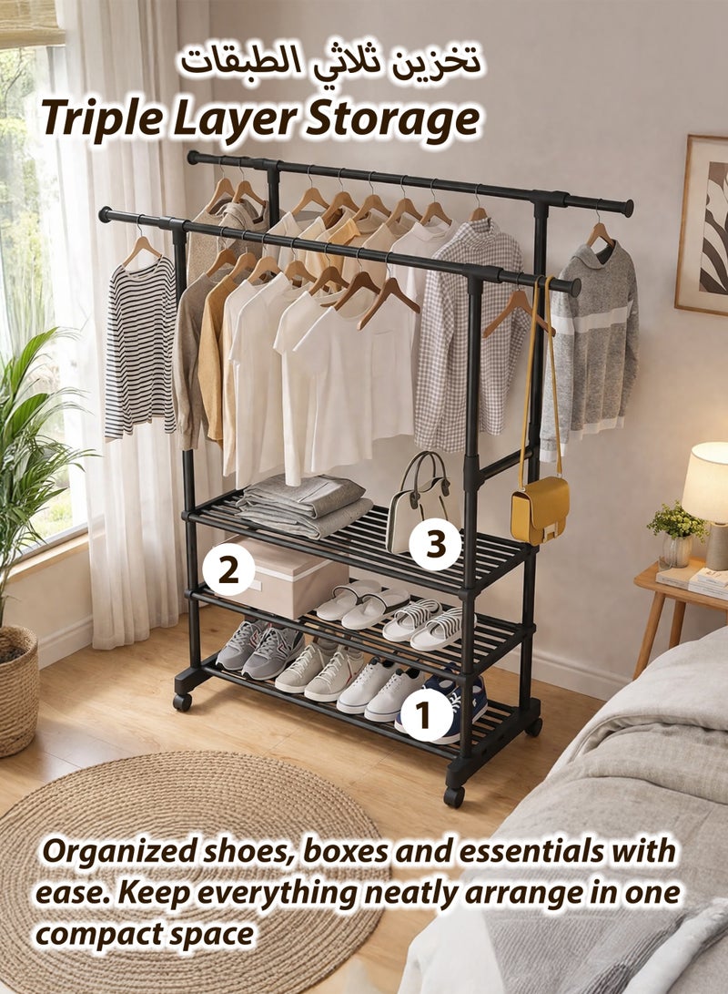 Toshionics Double Rod Clothing Rack Heavy Duty Dual Layer Clothes Drying Stand Garment Organizer Open Armoire with 2 Adjustable Expandable Retractable Hanger Rails 85-140cm, Lockable Rolling Wheels and 3 Layer Bottom Storage Shelf, Strong 30mm Steel Pipes, 50kg Load Large Capacity Featuring Two Horizontal Bars for Hanging Clothes, Laundry Room, Balcony, Bedroom Sheets, Quilts, Blanket, Coats, Skirts, Shirts, Hats, Sweaters Holder 150cm - Image 5