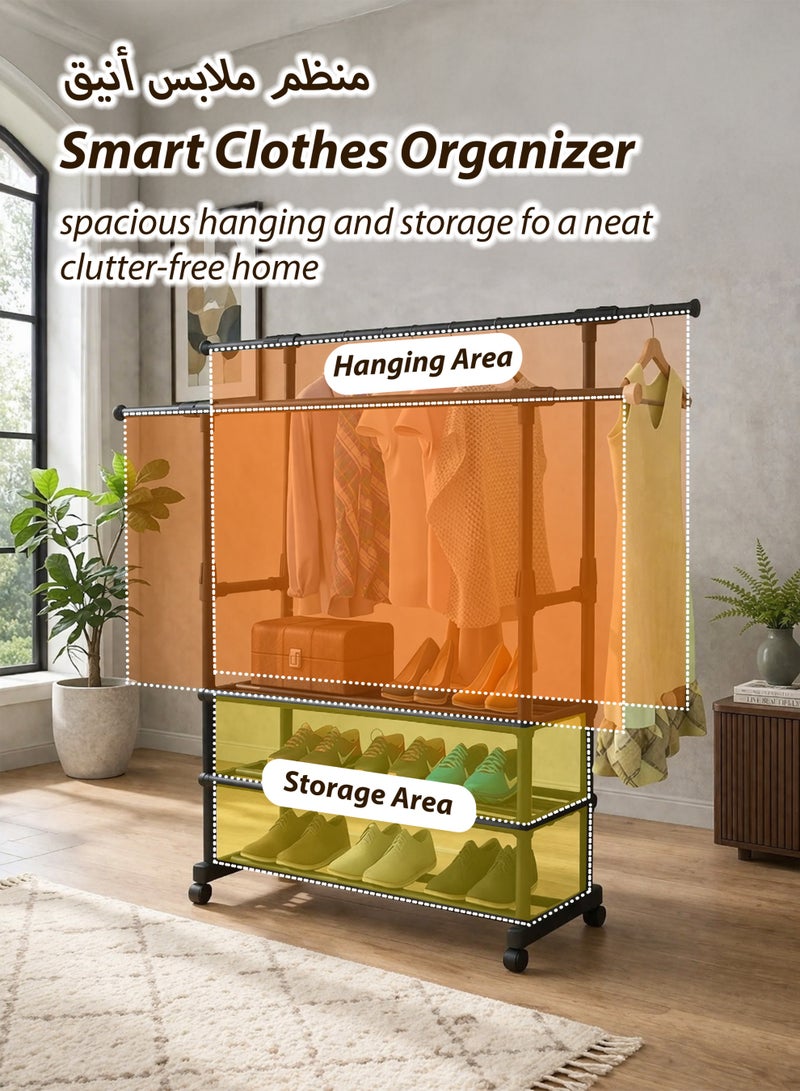 Toshionics Double Rod Clothing Rack Heavy Duty Dual Layer Clothes Drying Stand Garment Organizer Open Armoire with 2 Adjustable Expandable Retractable Hanger Rails 85-140cm, Lockable Rolling Wheels and 3 Layer Bottom Storage Shelf, Strong 30mm Steel Pipes, 50kg Load Large Capacity Featuring Two Horizontal Bars for Hanging Clothes, Laundry Room, Balcony, Bedroom Sheets, Quilts, Blanket, Coats, Skirts, Shirts, Hats, Sweaters Holder 150cm - Image 3