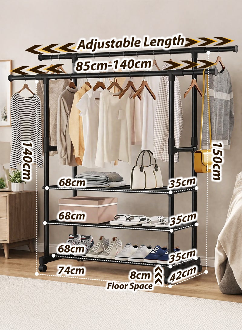 Toshionics Double Rod Clothing Rack Heavy Duty Dual Layer Clothes Drying Stand Garment Organizer Open Armoire with 2 Adjustable Expandable Retractable Hanger Rails 85-140cm, Lockable Rolling Wheels and 3 Layer Bottom Storage Shelf, Strong 30mm Steel Pipes, 50kg Load Large Capacity Featuring Two Horizontal Bars for Hanging Clothes, Laundry Room, Balcony, Bedroom Sheets, Quilts, Blanket, Coats, Skirts, Shirts, Hats, Sweaters Holder 150cm - Image 2