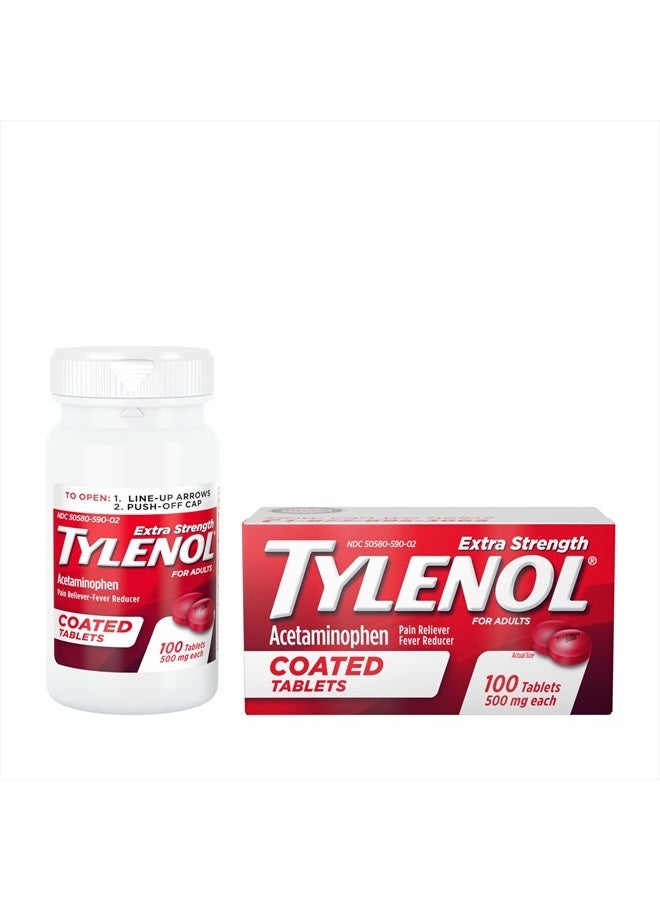 Tylenol Extra Strength Pain Relief Coated Tablets for Adults, 500mg Acetaminophen Pain Reliever and Fever Reducer per Tablet for Minor Aches, Pains, and Headaches, 100 ct - Image 2