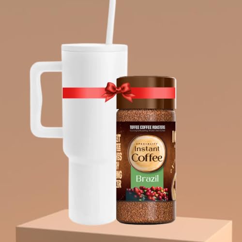 Toffee Coffee Roasters 1200ML Stainless Steel Tumbler with Lid and Straw, Double Insulated Cup Leak Proof Mug Cupholder for Gym, Travel |Tumbler+Free 50 gm Brazil Instant Coffee Gift Set (Pearl White) - Image 1