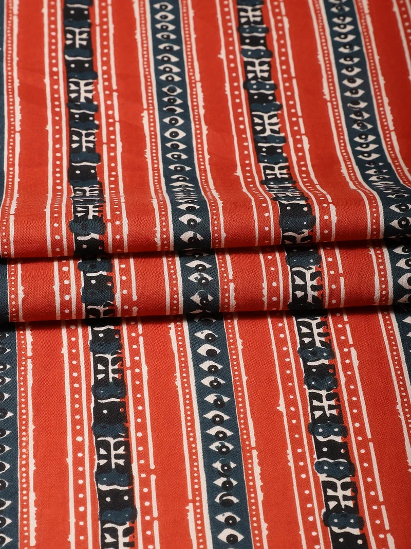 أيه كيه إس Tribal Striped Block Print Fabric - Red & Indigo
