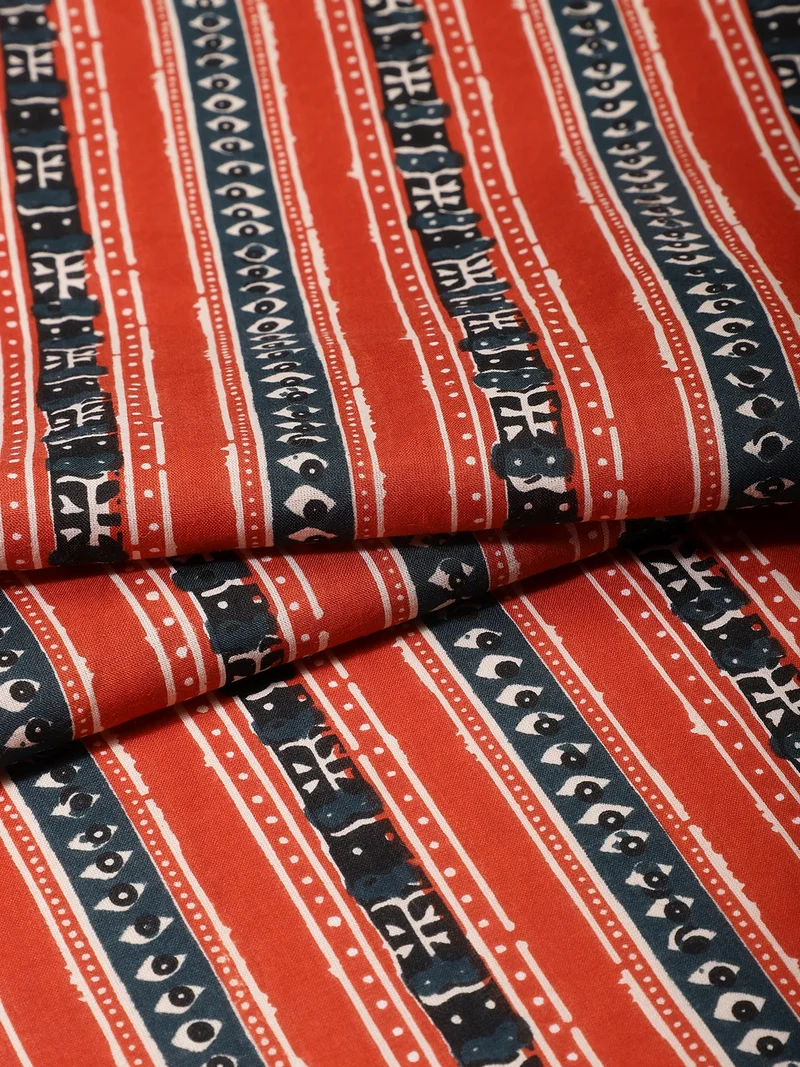 أيه كيه إس Tribal Striped Block Print Fabric - Red & Indigo