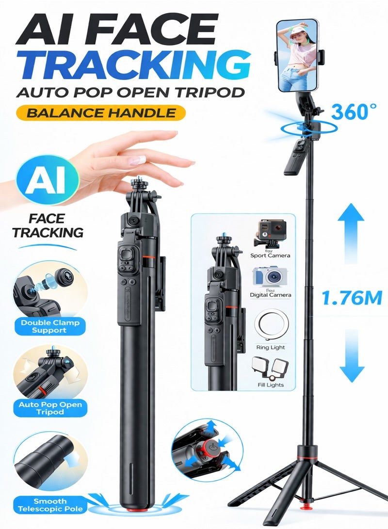 Neyecam 69"(1.76M) AI Auto-Tracking Selfie Stick Tripod, Auto-Open Phone Tripod Stand with Magnetic Remote, All-in-1 Extendable Selfie Stick Travel Tripods for Cell Phone 360° Rotate Stable iPhone Selfie Stick for iPhone & Android Video Recording - Image 1