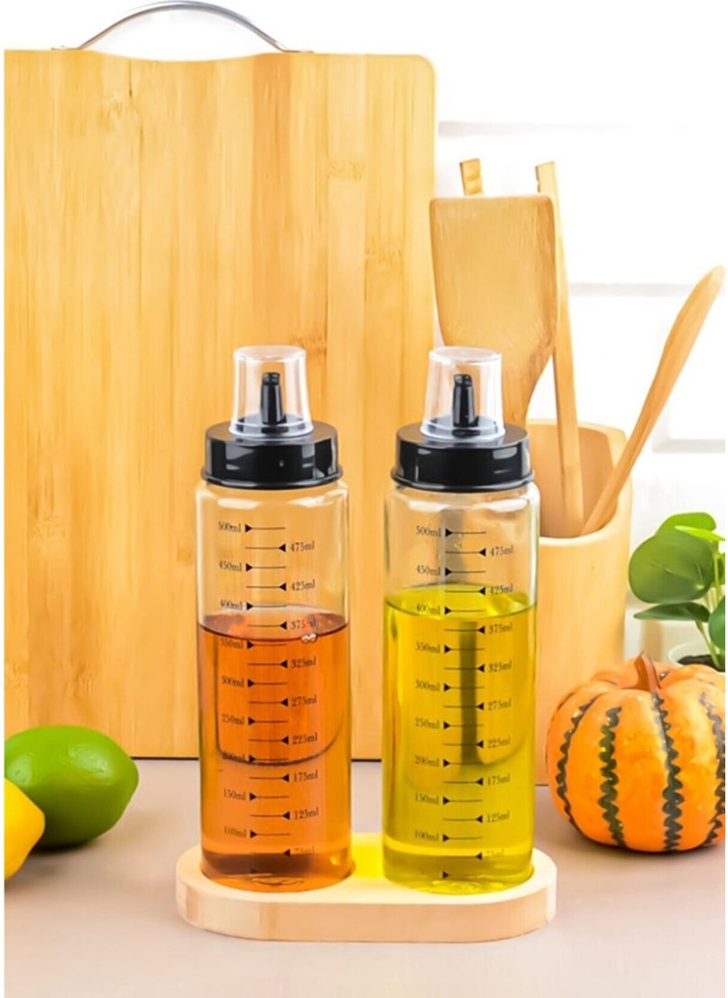 Fbz Home 2 Pieces Drip-Free Smart Oil Vinegar Bowl Glass Oil Pot with Wooden Stand  - Image 1
