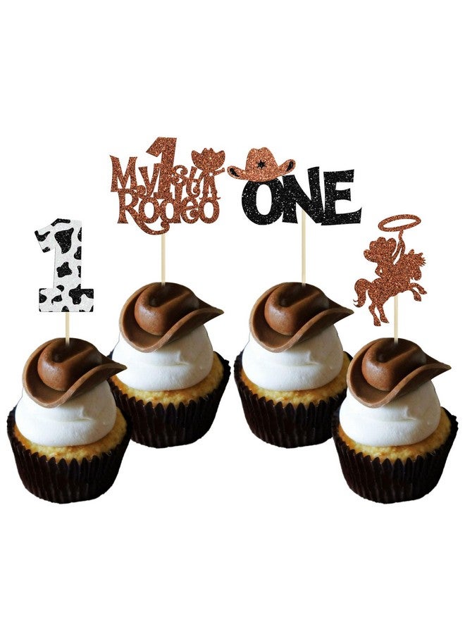 Ephlyn 24Pcs Cowboy 1st Birthday Cupcake Toppers Glitter First Birthday Hat Cowboy One Cake Decorations for Western Theme Baby Shower Kids Boys 1st Birthday Party Supplies Brown - Image 1