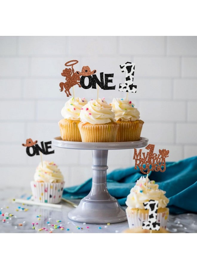 Ephlyn 24Pcs Cowboy 1st Birthday Cupcake Toppers Glitter First Birthday Hat Cowboy One Cake Decorations for Western Theme Baby Shower Kids Boys 1st Birthday Party Supplies Brown - Image 5