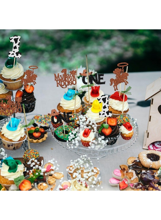 Ephlyn 24Pcs Cowboy 1st Birthday Cupcake Toppers Glitter First Birthday Hat Cowboy One Cake Decorations for Western Theme Baby Shower Kids Boys 1st Birthday Party Supplies Brown - Image 4