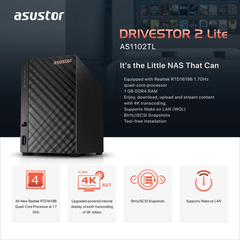 asustor Asustor Drivestor 2 Lite AS1102TL, 2 Bay NAS Enclosure Network Storage, 1.7GHz Quad Core, 1GbE Port, 1GB RAM DDR4, Network Attached Storage for Cloud Storage (Diskless) - Image 2