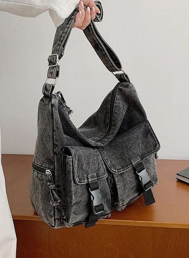 Take Two Washed Denim Shoulder Bag with Buckle Detail