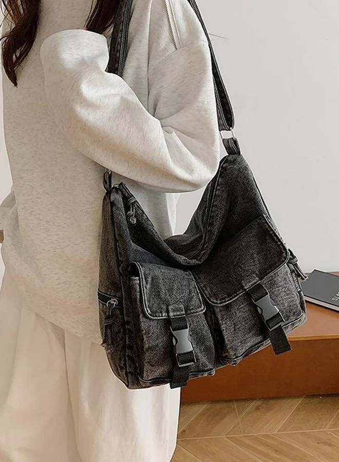 Take Two Washed Denim Shoulder Bag with Buckle Detail