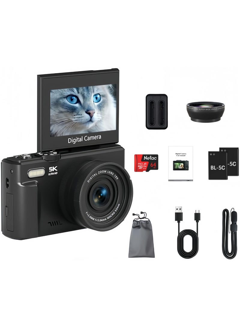 Milatech 5K Point and Shoot Digital Camera, 75MP Camera Digital for Photography, 2 Batteries, Wide Angle & Macro Lens,  With 64GB TF Card, 18X Digital Camera with 3" 180° Flip Screen, Vlogging Camera for Beginner Gift - Image 2