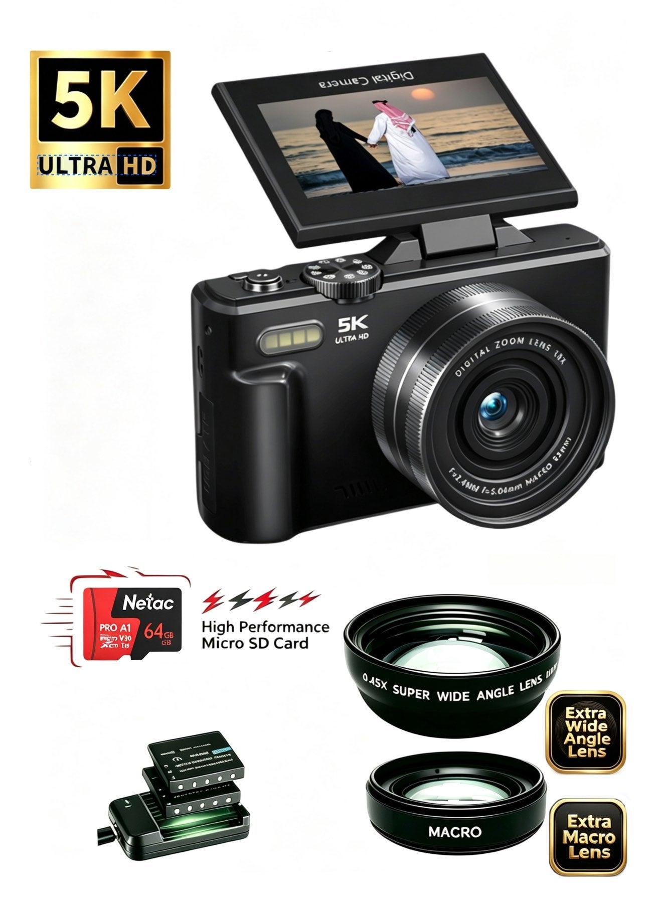 5K Point and Shoot Digital Camera, 75MP Camera Digital for Photography, 2 Batteries, Wide Angle & Macro Lens, With 64GB TF Card, 18X Digital Camera with 3" 180° Flip Screen, Vlogging Camera for Beginner Gift