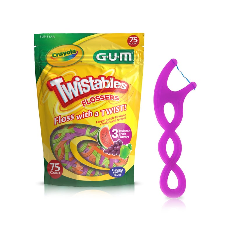 GUM Crayola Twistables Kids Flossers with Fluoride - Designed for Little Hands - Three Fun Fruit Flavors - Easy to Use Kids Floss Picks for Children Ages 3+, 75 Count - Image 1