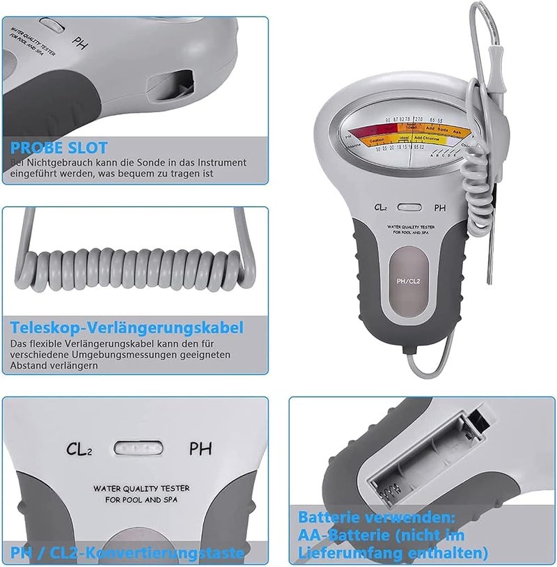N/B Water Quality Tester, PH Chlorine Meter, Electronic PH CL2 Chlorine Level Tester Water Quality Meter Portable Analyzer with Probe, for Swimming Pool Spa Laydies - Image 2