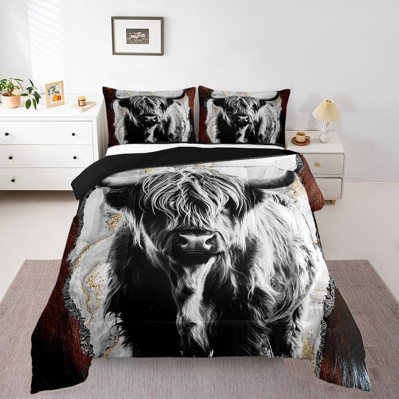 Erosebridal Erosebridal Highland Cow Comforter Set KingBull Cattle Bedding SetGold Grey Marble Duvet Insert for Kids Boys MenWildlife Farmhouse Cow Fur Down Comforter with 2 Pillowcases Home Room Decor