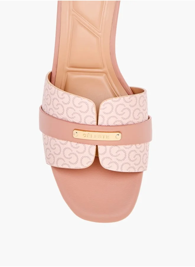 Celeste Womens Monogram Print Slip-On Sandals With Kitten Heels