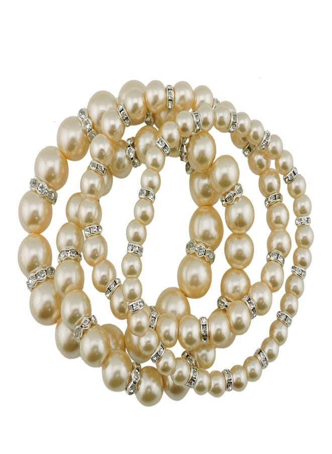 كويريز أساور مطاطية من خرز اللؤلؤ الصناعي متعدد الطبقات من كويريس للنساء (BR1113-بيج) - Image 1