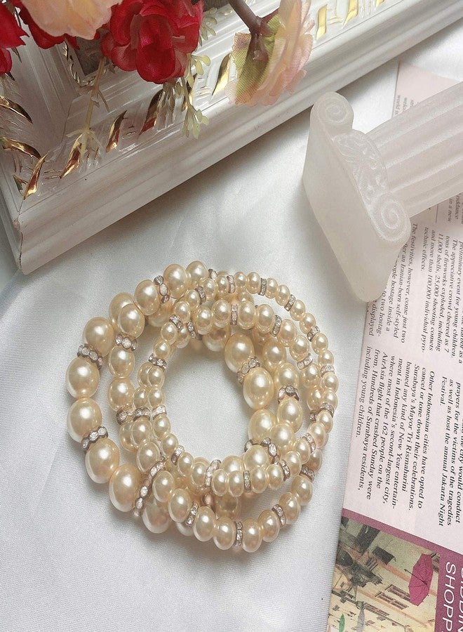 كويريز أساور مطاطية من خرز اللؤلؤ الصناعي متعدد الطبقات من كويريس للنساء (BR1113-بيج) - Image 3