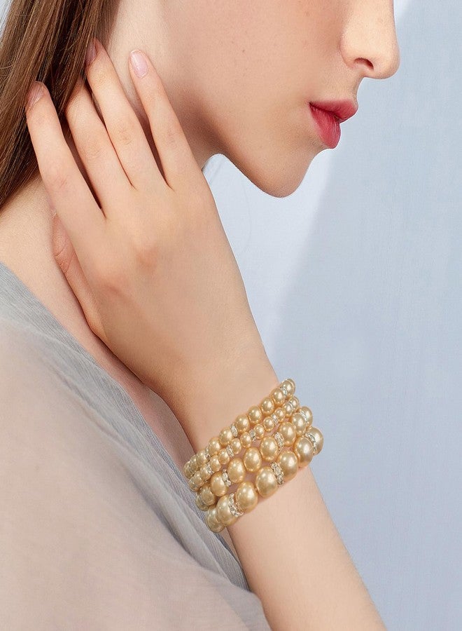 كويريز أساور مطاطية من خرز اللؤلؤ الصناعي متعدد الطبقات من كويريس للنساء (BR1113-بيج) - Image 4