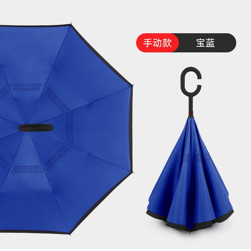 Hands-Free C-Handle Standable Reverse Umbrella Sapphire blue hand opening 