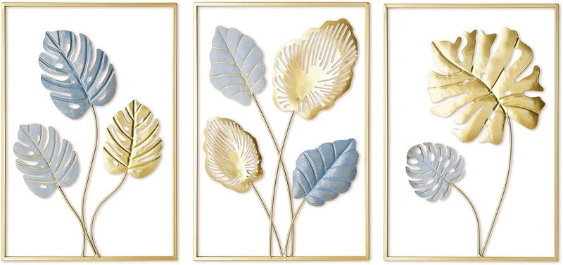 FUNTEREST Gold Metal Wall Art Decor Monstera Leaves Wall Home Decor Set of 3, Modern Wall Hanging Decorations for Living Room, Bedroom, Bathroom, Office Decor - Image 2