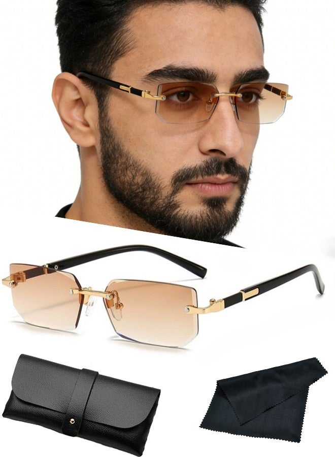 New Rimless Fashion Trend Sunglasses with Glasses Case and Cleaning Cloth UV Protection Unisex Style for Beach Trips Daily Commutes Outdoor Sports Travel Adventures Festive Gatherings Casual Outings,Gradual tea - Image 1