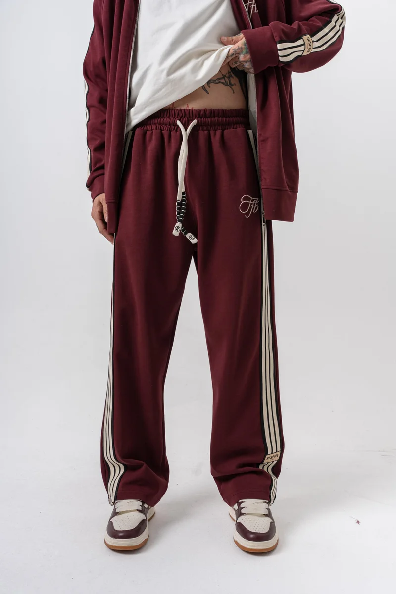 RESPIRE Men’s Triple-Stripe Detail Winter Doubleface Baggy Sweatpants Burgundy