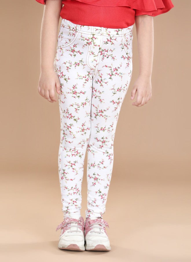 StyleStone Girls White Floral Printed Cotton Jeggings - Image 1