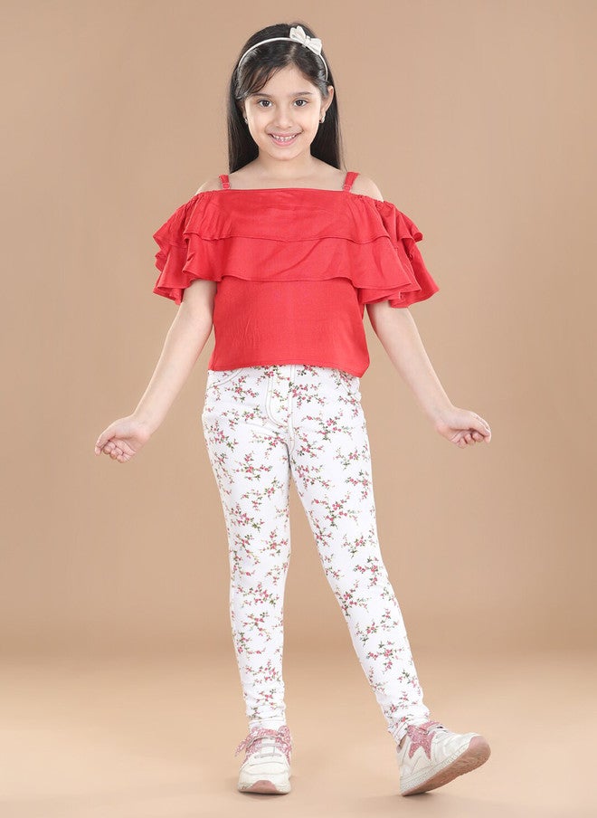 StyleStone Girls White Floral Printed Cotton Jeggings - Image 4