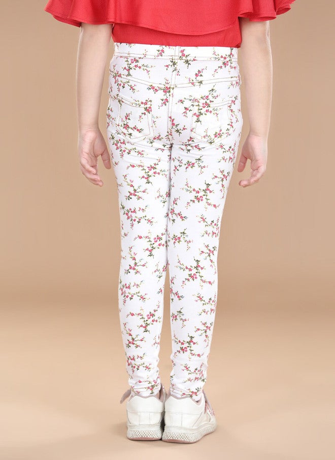 StyleStone Girls White Floral Printed Cotton Jeggings - Image 3