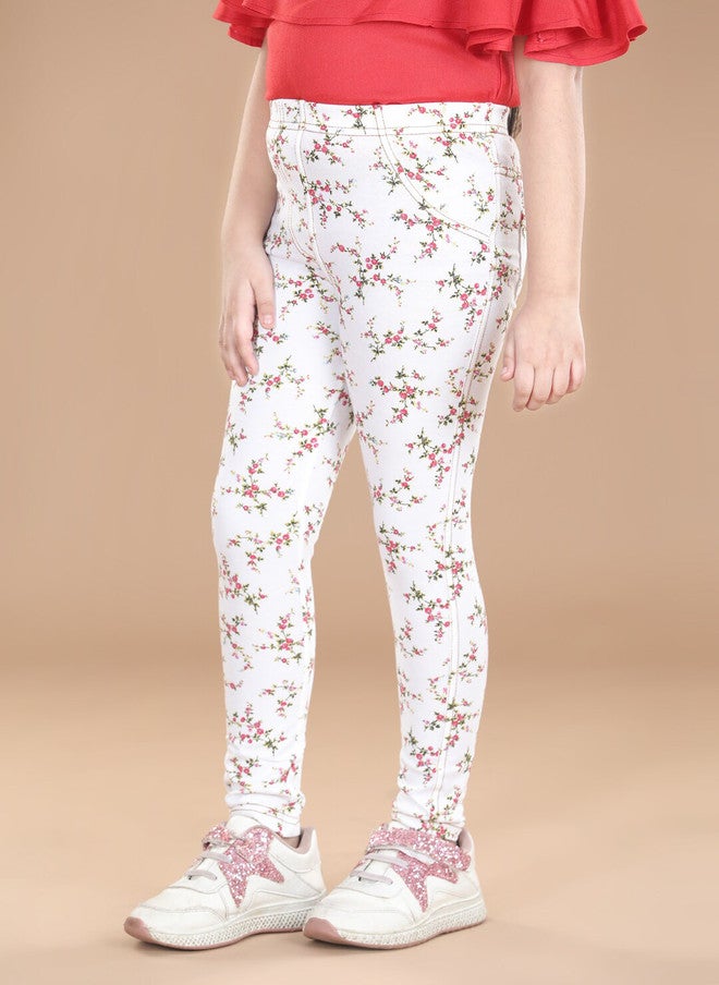 StyleStone Girls White Floral Printed Cotton Jeggings - Image 2