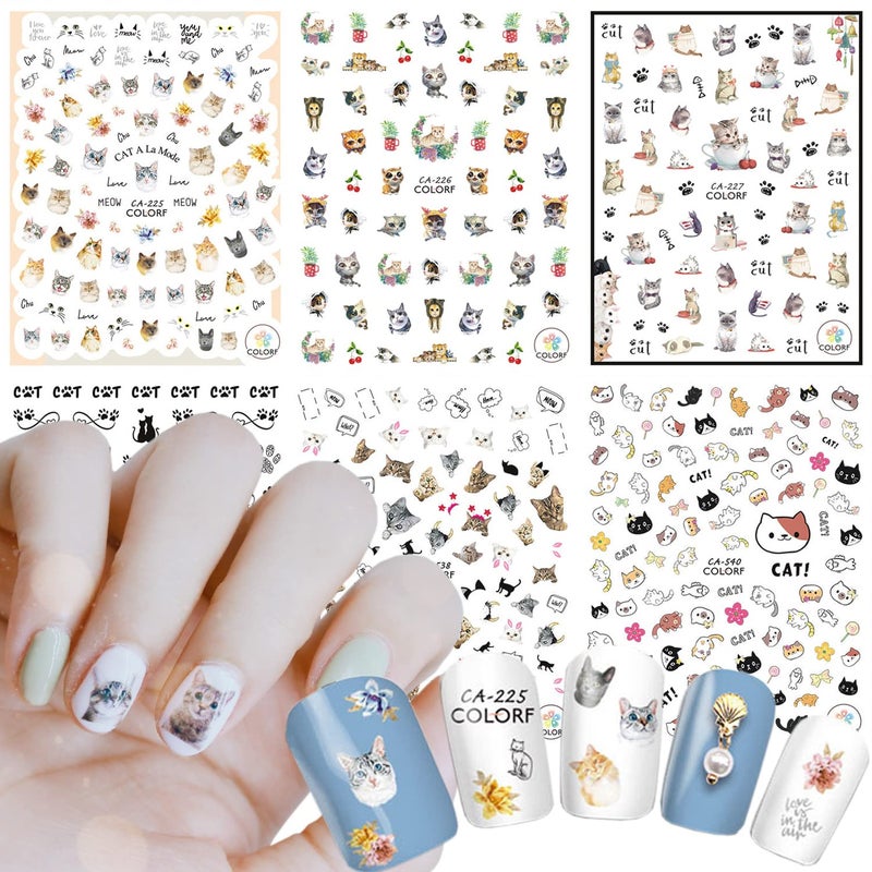 Cute Cat Nail Stickers 3D SelfAdhesive Cartoon Animal Cats Nail Art Decals Holographic Colorful Decoration for Women Girls Manicure Tips DIY Supplies