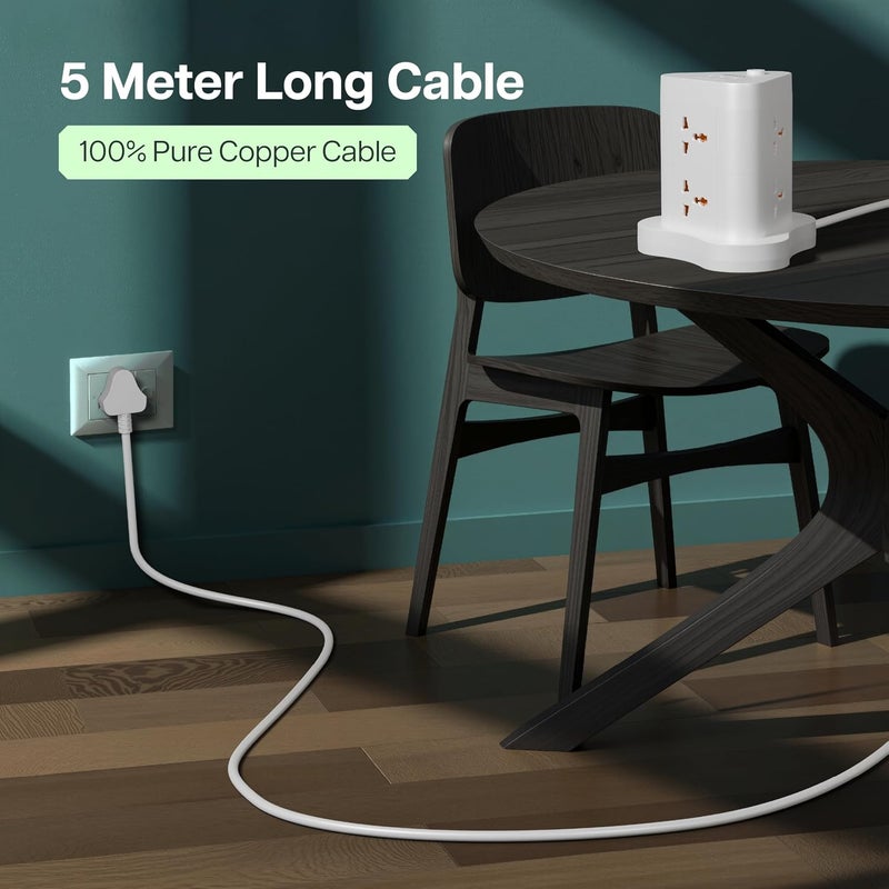 GEONIX PowerSpan Fort | Extension Board/Strip, 2500 Watts, 10 Amps, 1x Type C Port, 6X Universal Socket, 2X USB Port, LED Indicator, On/Off Switch, 5mtr Long Pure Copper Cable (White) - Image 3