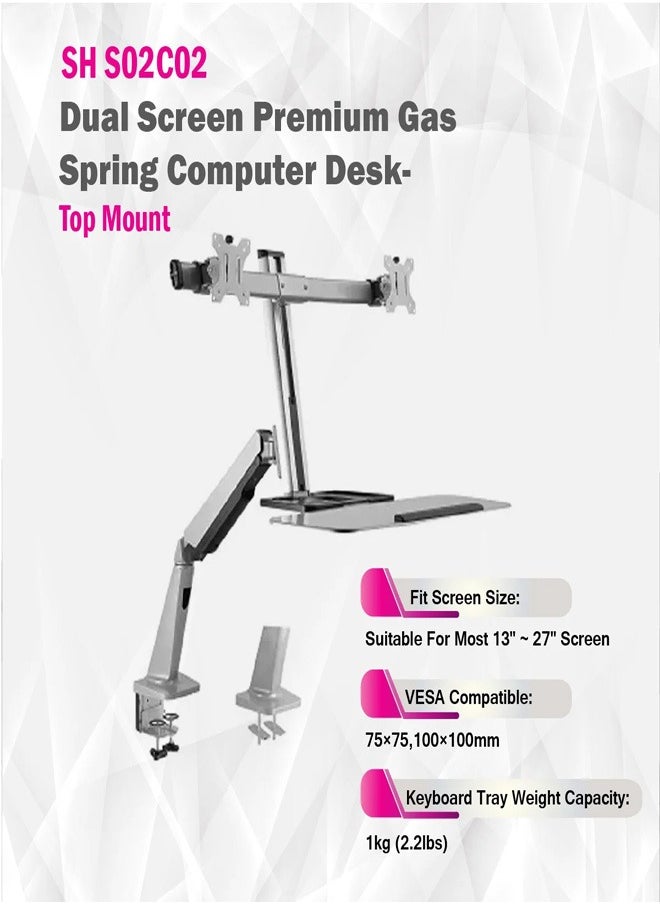 Skill Tech SHS02 C02 Classic Gas Spring Floating Sit-Stand Desk Converter with Dual Monitor Mount for 17"-27" Screens, VESA 100x100, 12kg Load Capacity – Black  - Image 4