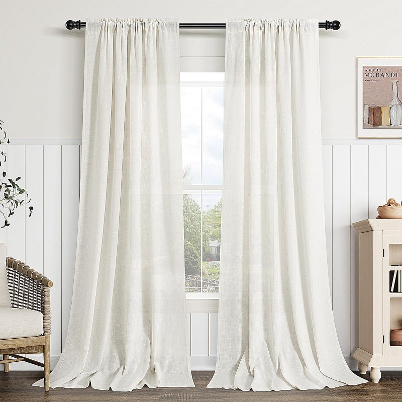 Guken Natural Linen Curtains 84 Inch Length for Living Room Bedroom 2 Panels Set Rod Pocket Light Filtering Semi Sheer Window Curtains 52 Inch Width Boho Farmhouse Linen Drapes Cream Ivory, W52xL84 - Image 1