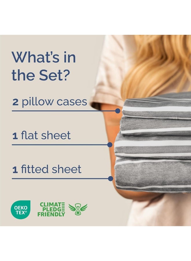 CGK Unlimited Queen Size 4 Piece Bedding Sheet Set - Breathable & Cooling Bed Sheets - Hotel Luxury Bed Sheets for Women, Men, Kids & Teens - Deep Pockets, Easy-fit - Soft & Wrinkle Free - Grey Stripes Oeko-Tex Set - Image 2
