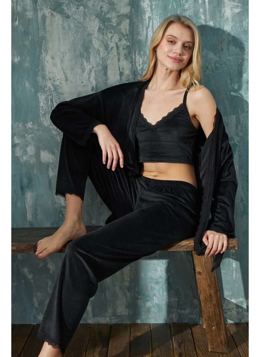 Bie'S Women's Crop French Velvet Dressing Gown with Lace Detail Bralet Pajama Set 3 Piece Set
