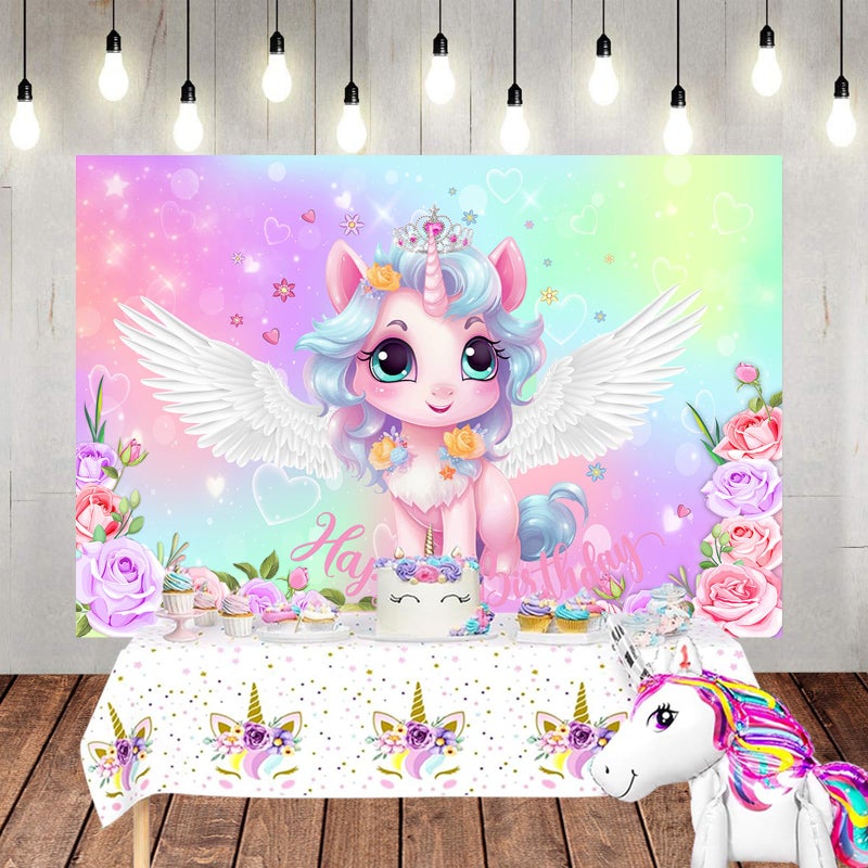 LTLYH Unicorn Birthday Backdrop for Girls â€“ 5x3ft Pastel Rainbow Wings Pony Party Banner with Flowers & Crown, Happy Birthday Photo Background for Kids Girl Birthday Party Decorations 276 - Image 2