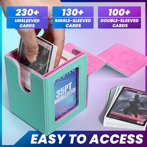 UAONO Card Deck Box with MTG Commander Display, Deck Case Holds 100+ Double-Sleeved Cards, Trading Card Storage Box Fits TCG/PTCG/Sports Card with 2 Dividers, 1 Toploader (Turquoise, Pink) - Image 2
