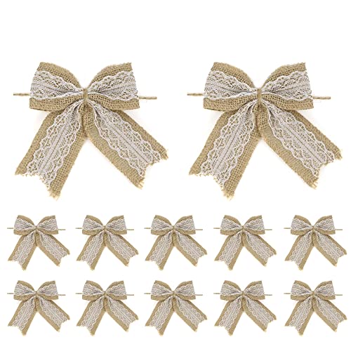 AIMUDI Natural Burlap Lace Bows 4 Inch Rustic Burlap Bows for Christmas Tree Decorations Vintage White Lace Wedding Bows Jute Wreath Bows Gift Bows for Crafts Baby Shower Diaper Cake 12 Counts - Image 1