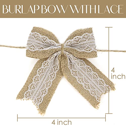 AIMUDI Natural Burlap Lace Bows 4 Inch Rustic Burlap Bows for Christmas Tree Decorations Vintage White Lace Wedding Bows Jute Wreath Bows Gift Bows for Crafts Baby Shower Diaper Cake 12 Counts - Image 3