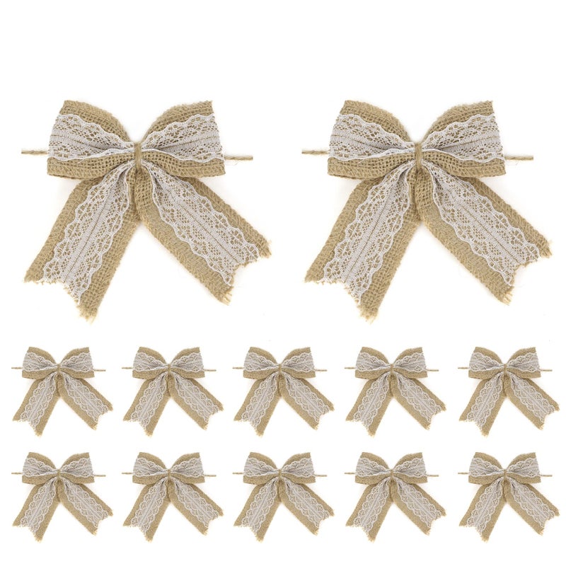 AIMUDI Natural Burlap Lace Bows 4 Inch Rustic Burlap Bows for Christmas Tree Decorations Vintage White Lace Wedding Bows Jute Wreath Bows Gift Bows for Crafts Baby Shower Diaper Cake 12 Counts - Image 2