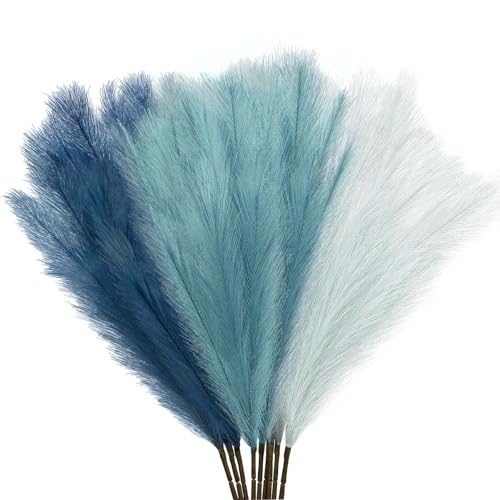 KALYLOC 9Pcs 3FT Colorful Faux Pampas Grass for Boho Decor KALYLOC NonShedding Fluffy Artificial Bulrush Tall Reed Fluffy Stems Vase Filler Living Room Wedding Decoration Light Blue - Image 1