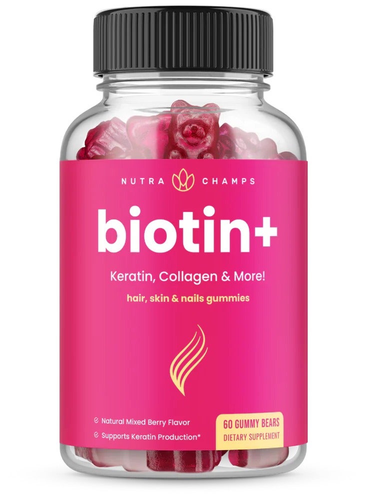 NutraChamps Biotin+, Hair Skin & Nails Gummies,  Mixed Berry Flavor, 60 Gummy Bears - Image 1