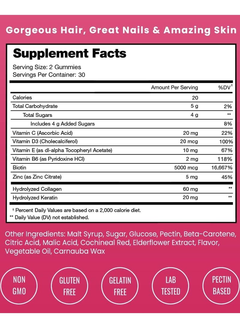 NutraChamps Biotin+, Hair Skin & Nails Gummies,  Mixed Berry Flavor, 60 Gummy Bears - Image 2