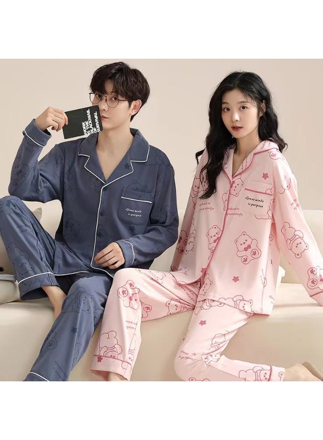 Couple's Autumn  Cotton Long Sleeve Pajamas Set Loose Fit Casual Homewear For Teens and Men Sleepwear Cardigan Lapel Suit - Image 1