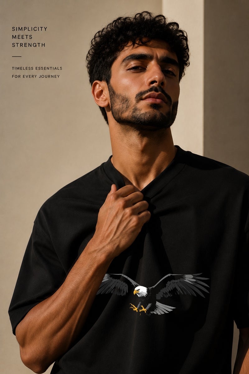 Men's Oversized Black Eagle Graphic T-Shirt Casual Short Sleeve Crew Neck Streetwear Tee - Image 5