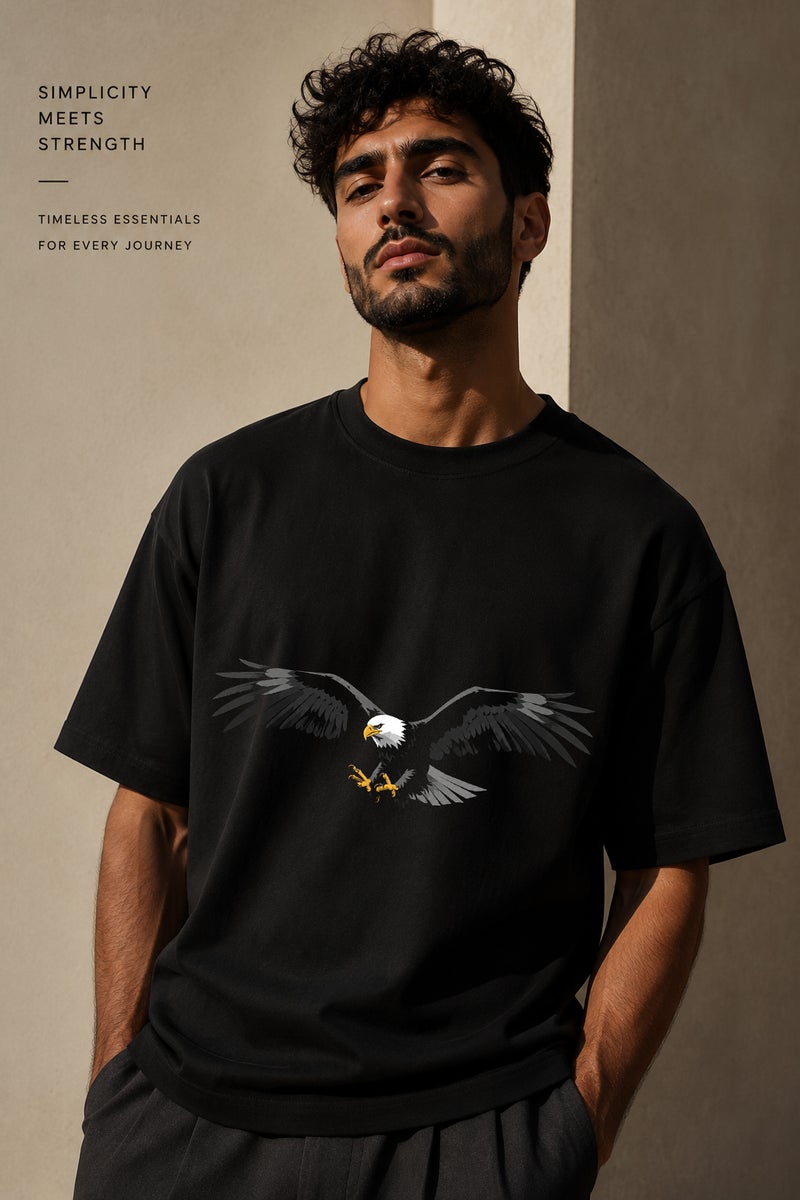 Men's Oversized Black Eagle Graphic T-Shirt Casual Short Sleeve Crew Neck Streetwear Tee - Image 1